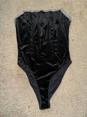 Black Velvet Tube Top Bodysuit with Silver Trim